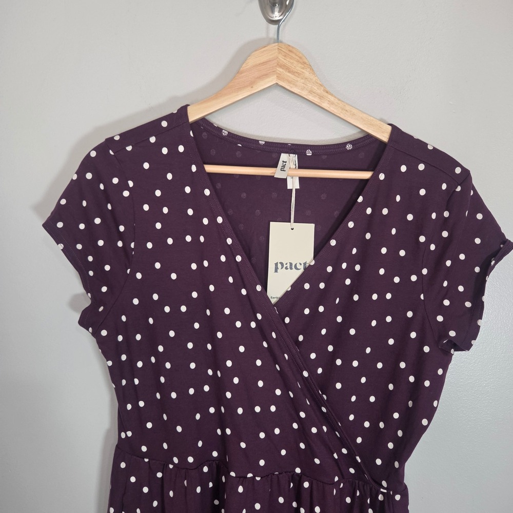Pact Organic Cotton Polka Dot Dress L NWT Plum Faux Wrap Fit Flare Pockets - Picture 4 of 9